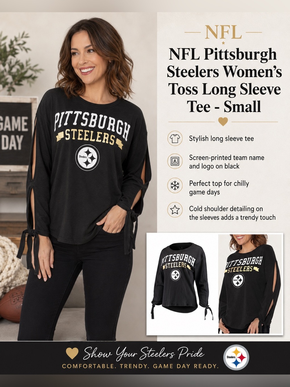 NFL Pittsburgh Steelers Women's Toss Long Sleeve Tee 🖤🏈 - Small